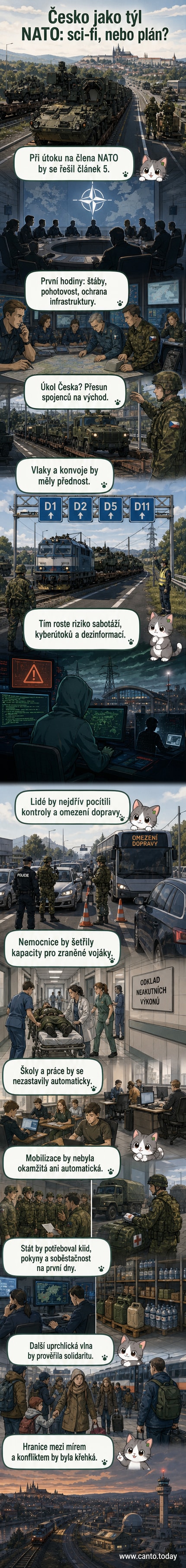 Ilustrace znázorňuje českou mapu s vojenskými trasami, vojenskými konvoji na dálnicích a zvýšenou přítomností vojáků u klíčových objektů, na pozadí hrozby ruské eskalace.