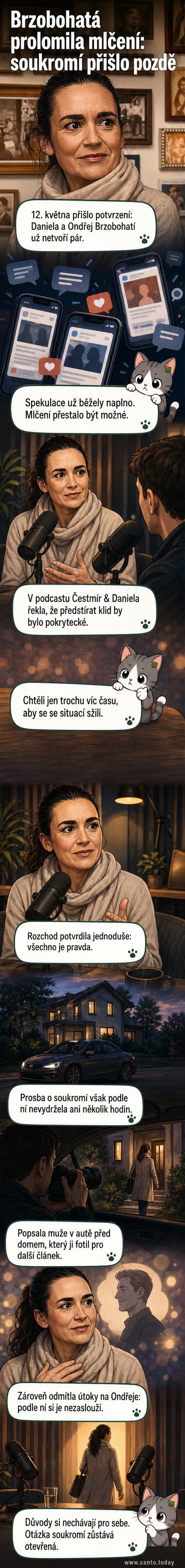 Ilustrace Daniely Brzobohaté stojící samotně, v pozadí rozpadající se srdce a mikrofon, symbolizující její veřejný projev o konci manželství.