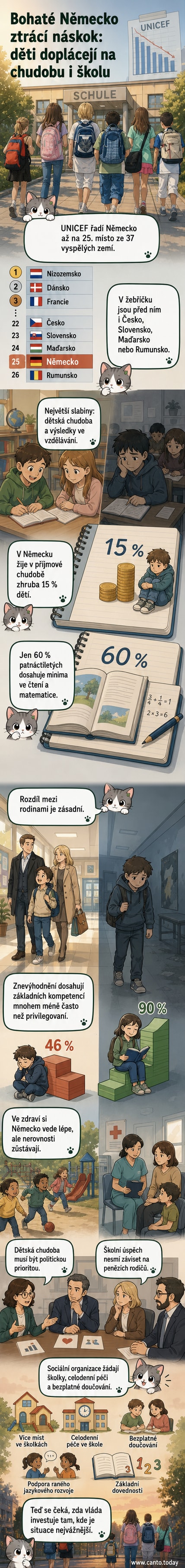 Ilustrace znázorňující dítě sedící u stolu s učebnicí, na pozadí rozděleného Německa – jedna polovina ukazuje prosperitu, druhá chudobu a školní neúspěch.
