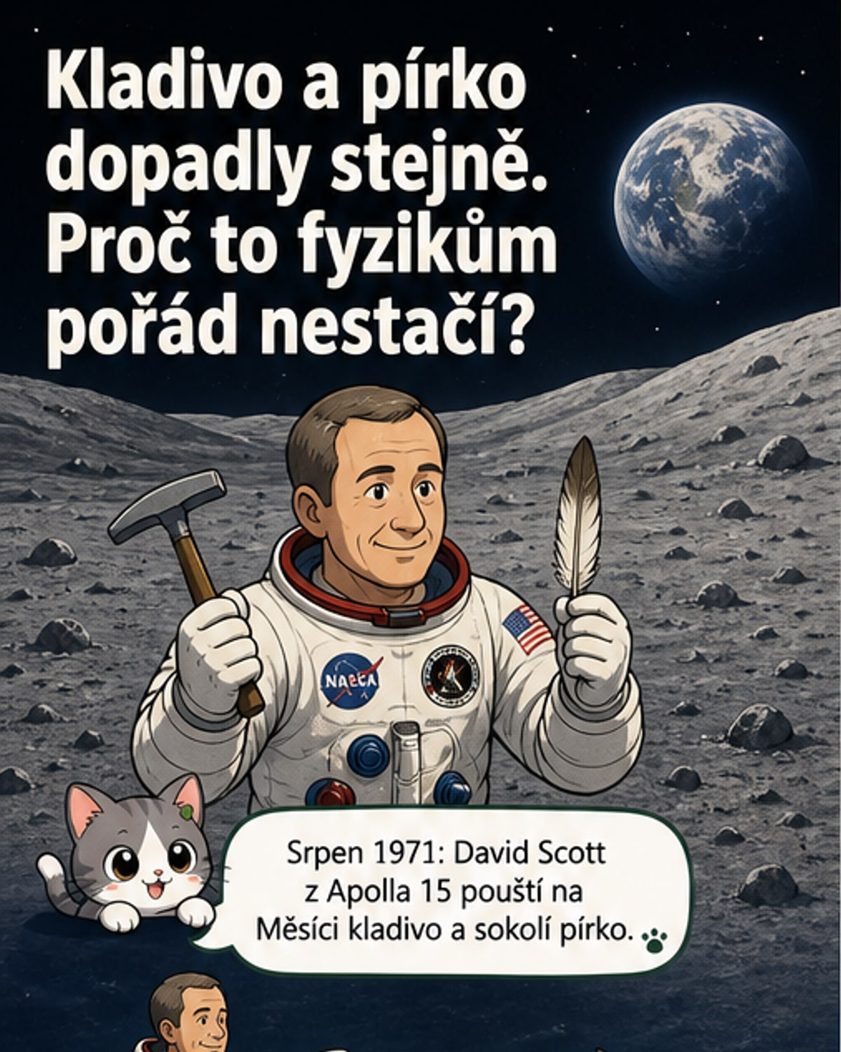Ilustrace astronauta Davida Scotta na Měsíci, který pustil kladivo a pírko zároveň; oba předměty dopadají na povrch ve stejném okamžiku, zatímco v pozadí je modrá planeta Země.