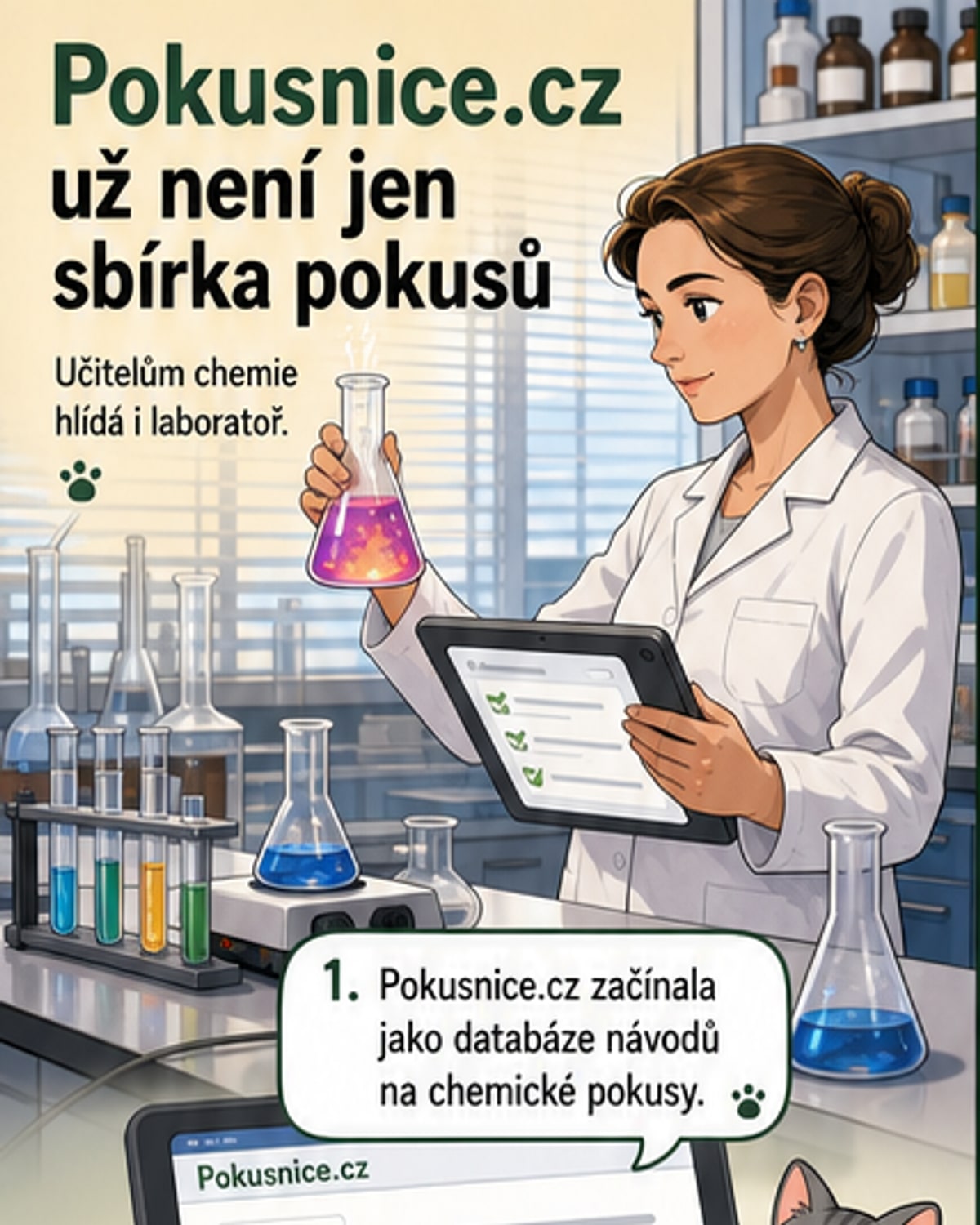 Ilustrace učitele chemie v laboratoři, který pracuje s tabletem zobrazujícím aplikaci Pokusnice.cz s návodem na pokus.