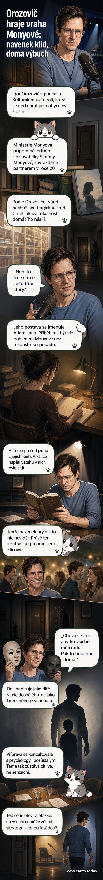 Herec Igor Orozovič v kostýmu postavy Adama Langa z minisérie Monyová, stojí v temném interiéru s vážným výrazem.