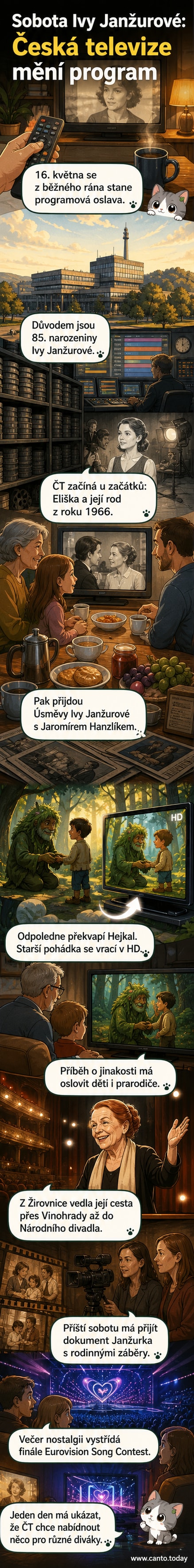 Herečka Iva Janžurová v mládí a v současnosti, na pozadí loga České televize a plakátu pohádky Hejkal v HD