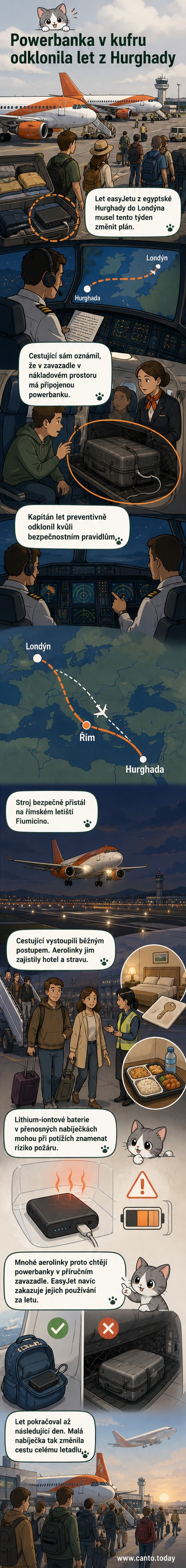 Ilustrace letadla easyJet, které nouzově přistává v Římě kvůli powerbance v kufru; na panelu je upozornění na lithium-iontové baterie.