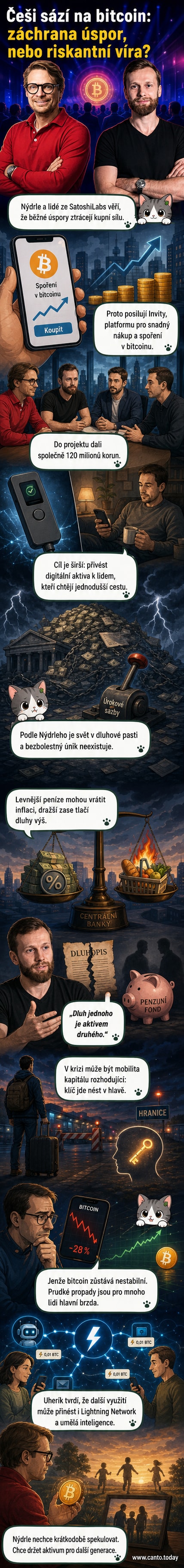 Ilustrace českých podnikatelů kolem loga bitcoinu a mobilní aplikace Invity, na pozadí grafy cen a globální mapy s penězi