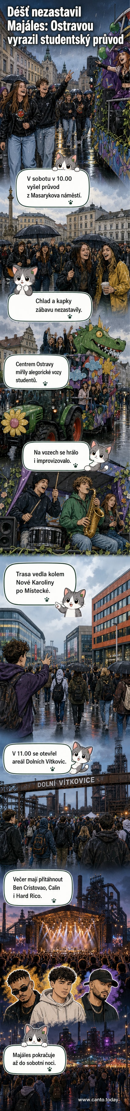 Studentský průvod s alegorickými vozy a hudebními vystoupeními na ulicích Ostravy během deště, 16. května 2026.