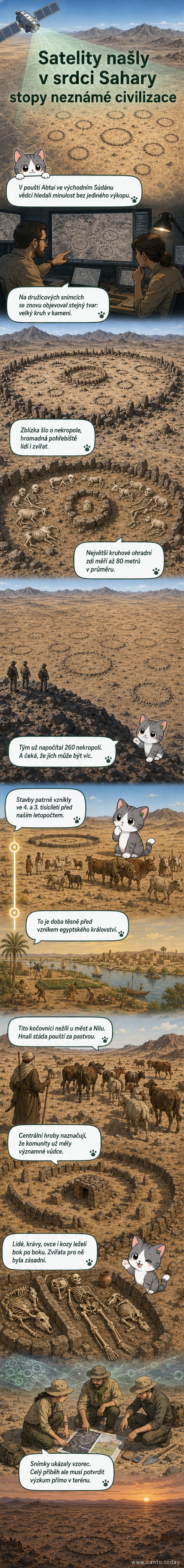 Ilustrace pouštní krajiny s viditelnými kruhovými hrobovými strukturami z výšky, nad nimi družice a archeologové studující mapu.