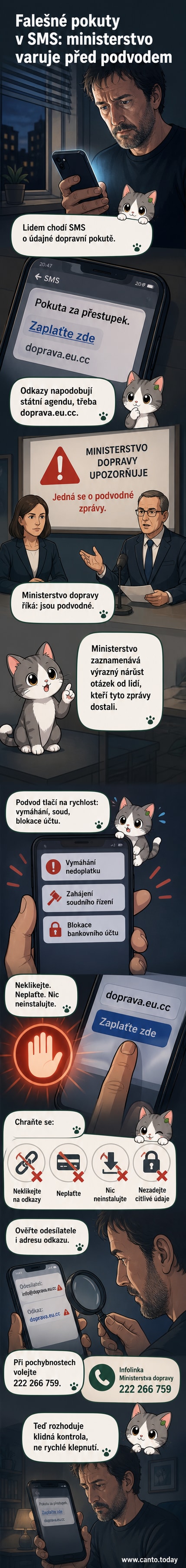 Ilustrace falešné SMS s nápisem 'Pokuta za přestupek' a varovným symbolem na telefonní obrazovce