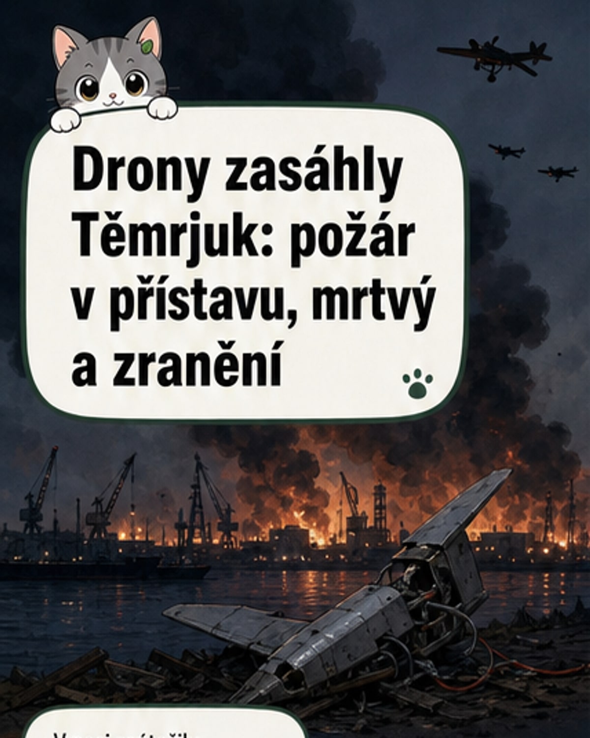 Ilustrace přístavu Temrjuk v noci, kde po útoku dronu hoří námořní terminál, na obzoru je vidět sloup dýmu a blikající světla ruských záchranných jednotek.