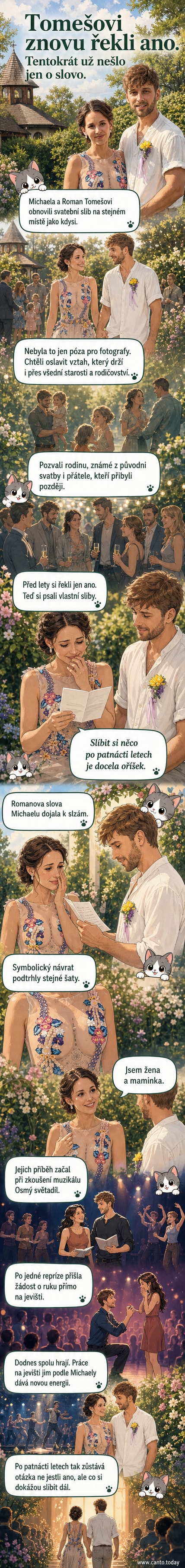 Michaela a Roman Tomešovi stojí spolu na stejném místě jako při své svatbě, oblečeni stejně, při emotivním obnovování svatebních slibů