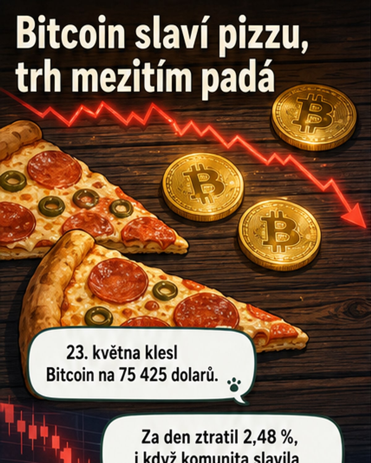 Bitcoin klesá, ale oslavuje páteční pizzu
