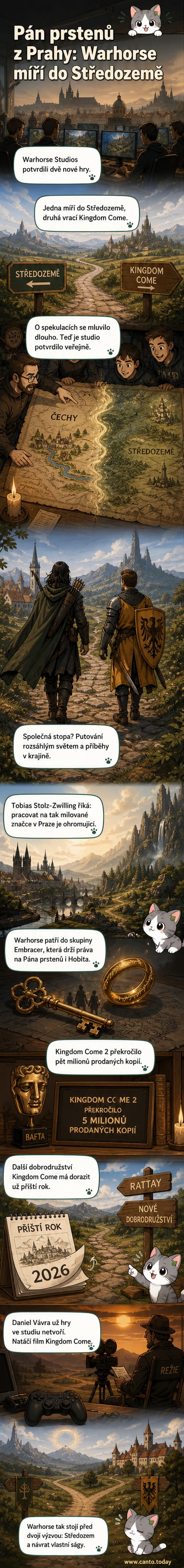 Ilustrace ukazující postavu z Pána prstenů vedle hráče ve středověkém městě Skalice, symbolizující spojení fantasy a historického světa v rukou českého studia.