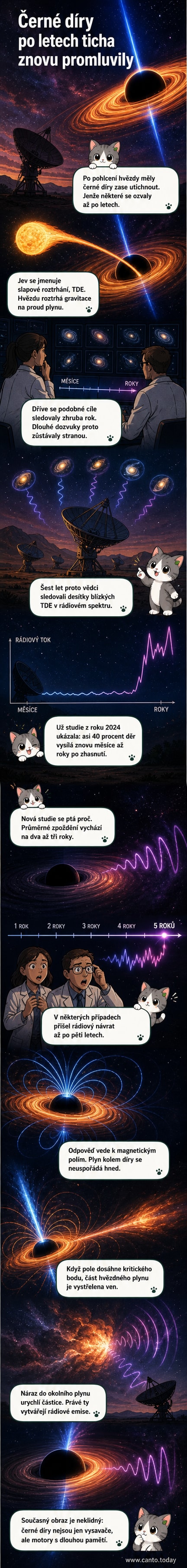 Ilustrace černé díry, která po pohlcení hvězdy vysílá proud hmoty do vesmíru, zatímco magnetické pole kolem ní pulzuje.
