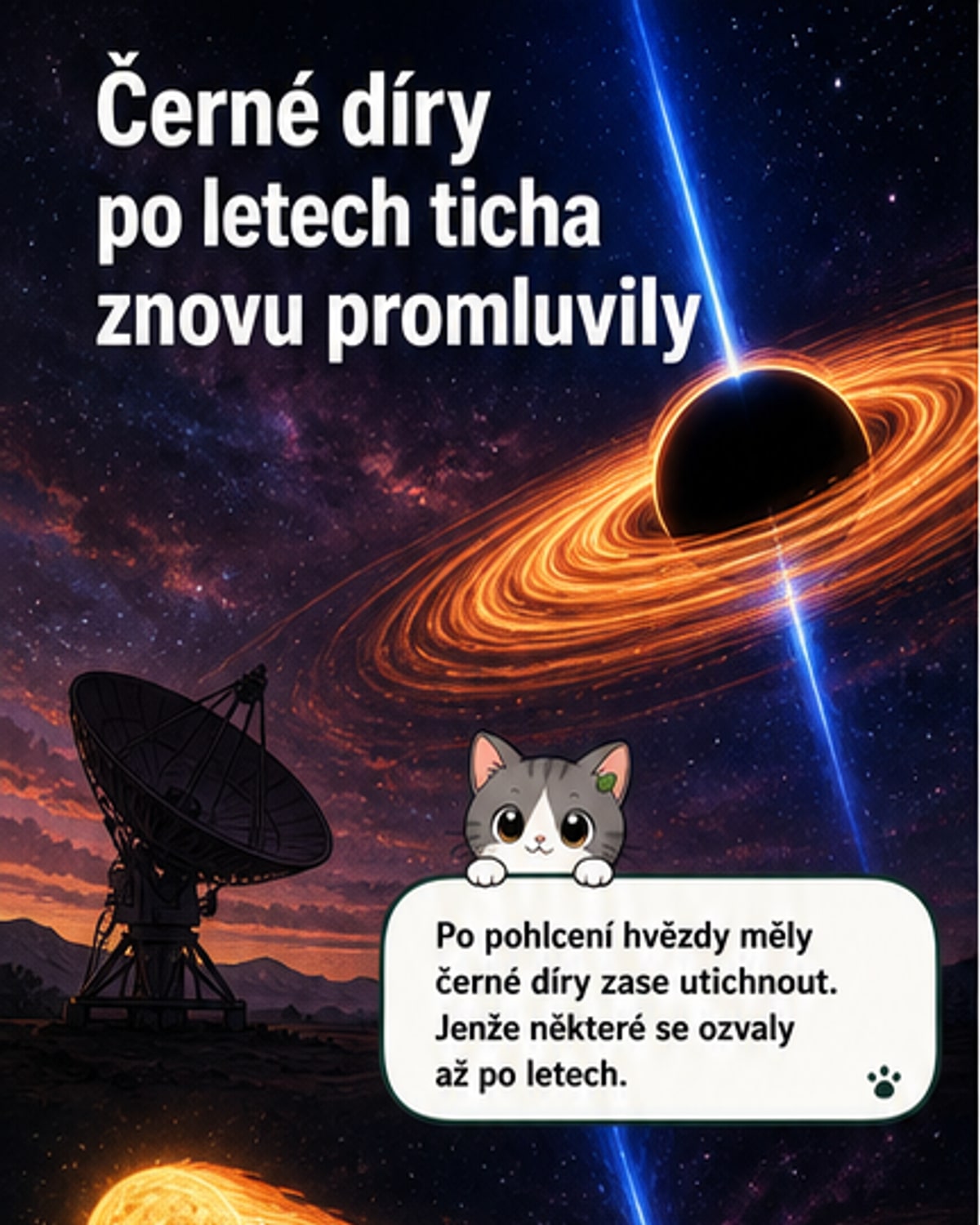 Ilustrace černé díry, která po pohlcení hvězdy vysílá proud hmoty do vesmíru, zatímco magnetické pole kolem ní pulzuje.