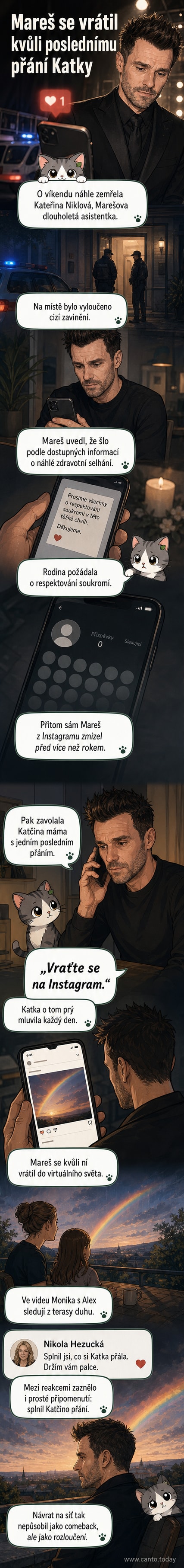 Leoš Mareš stojí u okna, na pozadí je město, na obrazovce telefonu je otevřený Instagram s upoutávkou na webtoon.