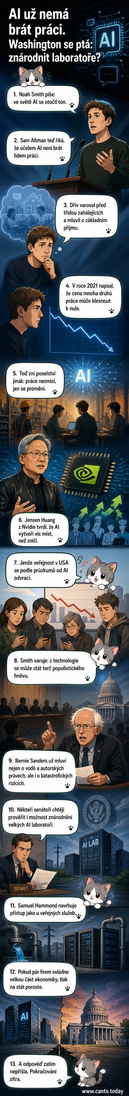 Ilustrace znázorňující změnu rétoriky kolem umělé inteligence – od robotů nahrazujících lidi v pracovně k vizím spolupráce a státní regulace.