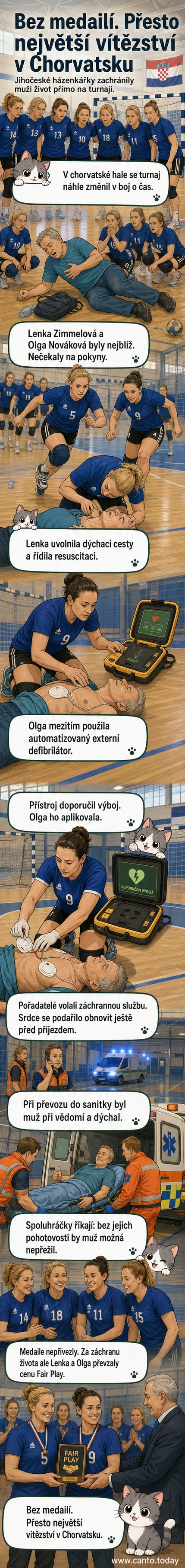 Ilustrace dvou házenkářek provádějících resuscitaci muži na sportovním hřišti, kolem nějž stojí ostatní hráči a sledují situaci s obavami.