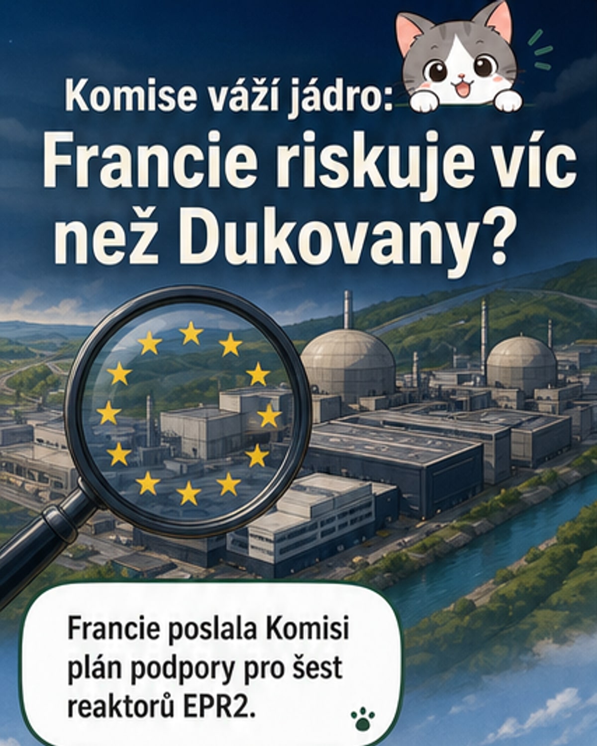 Ilustrace dvou jaderných elektráren – jedna v Česku, jedna ve Francii – s grafikou porovnávající rizika a financování.