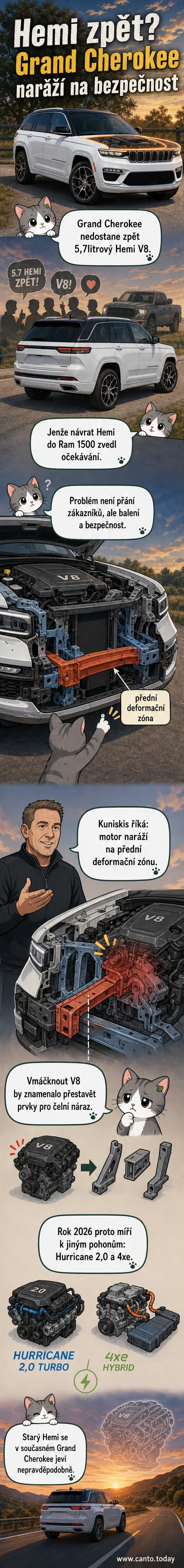 Ilustrace Jeep Grand Cherokee s označením motového prostoru a deformační zóny, kde nevejde Hemi V8 kvůli bezpečnostním důvodům.