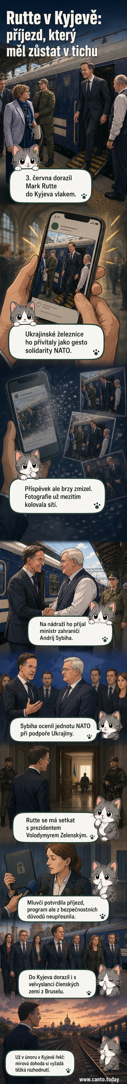 Fotografie ukazuje Marka Rutteho, jak vystupuje z vlaku na kyjevském nádraží, za ním stojí oficiální průvod a označení stanice.