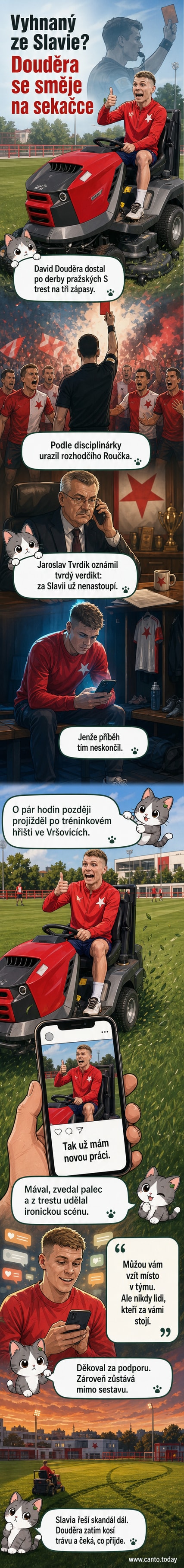Fotbalista David Douděra se směje, zatímco kosí trávu na tréninkovém hřišti Slavie s úsměvem a zvednutým palcem.