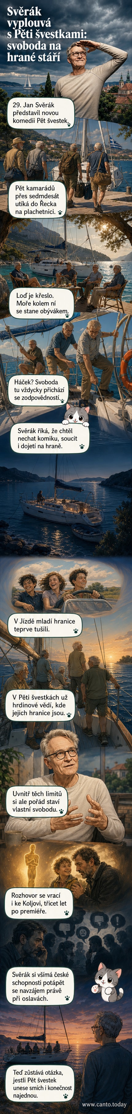 Ilustrace pěti starších mužů na plachetnici, kteří se usmívají směrem k moři, na pozadí slunce a vln.