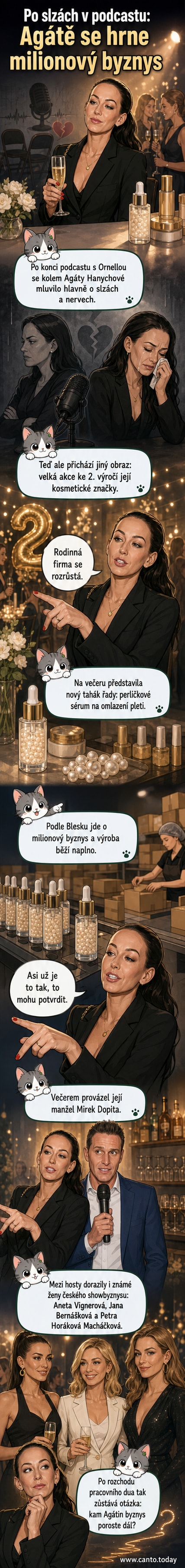 Agáta Hanychová představuje nové perličkové sérum na večírku ke druhému výročí své kosmetické značky, na pozadí slavnostní atmosféra a hosté z showbyznysu.