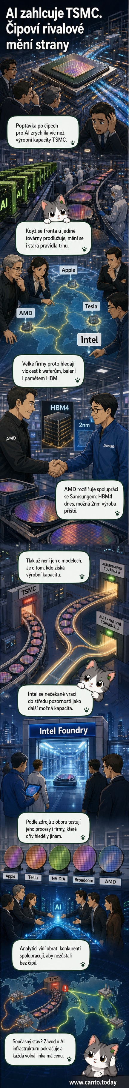 Ilustrace ukazující přetíženou továrnu TSMC, zatímco Apple, AMD, Tesla a Intel uzavírají aliance s Intel Foundry a Samsungem kvůli výrobě čipů pro umělou inteligenci.