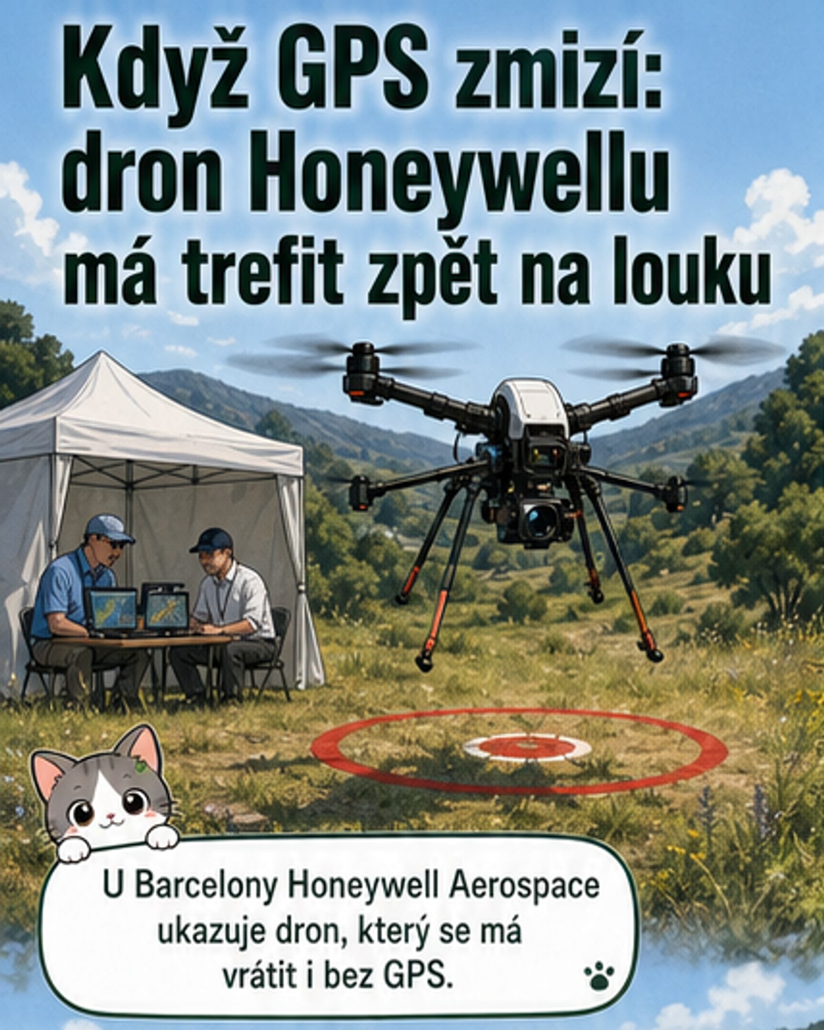 Dron létající nad kopcemi bez GPS, vedle něj technici sledující jeho dráhu na obrazovkách, a terénní auto s helmovým displejem pro řidiče