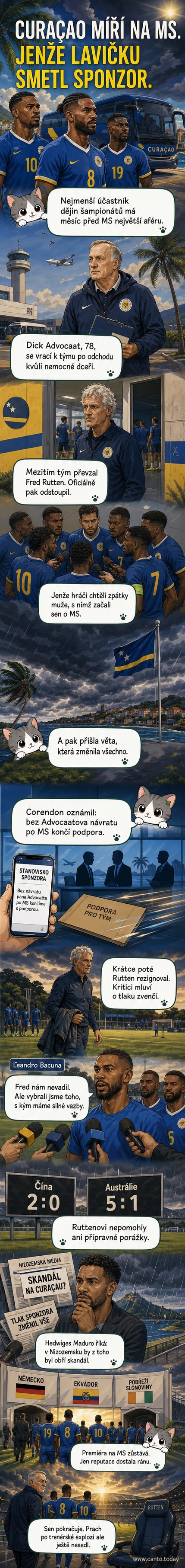Ilustrace: Trenér Fred Rutten stojí osamocen na deštné fotbalové ploše, zatímco v pozadí slaví návrat Dicka Advocaata a loga sponzorů se odrážejí v kalužích.