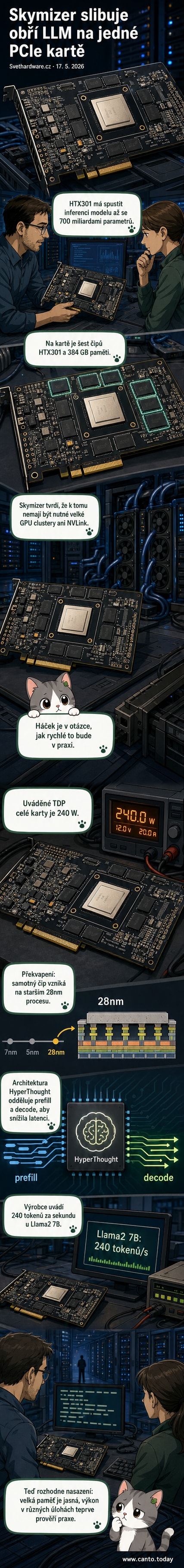 Ilustrace PCIe karty Skymizer HTX301 s obrovským jazykovým modelem běžícím na malém zařízení, na pozadí jsou vidět grafické znázornění toku dat a architektury HyperThought.