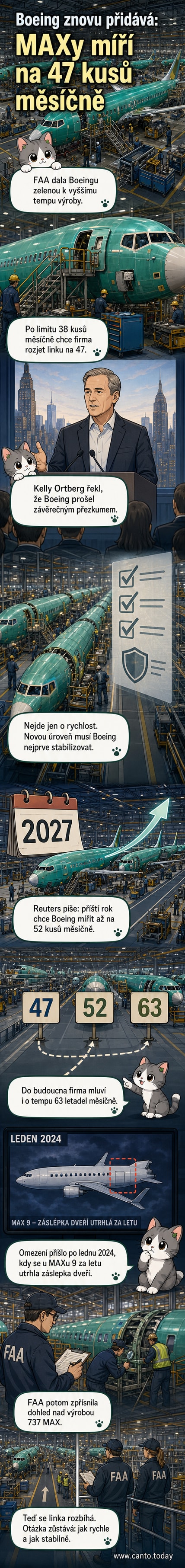 Ilustrace továrny Boeingu s letadly 737 MAX na montážní lince, na pozadí logo FAA a graf růstu měsíční výroby.