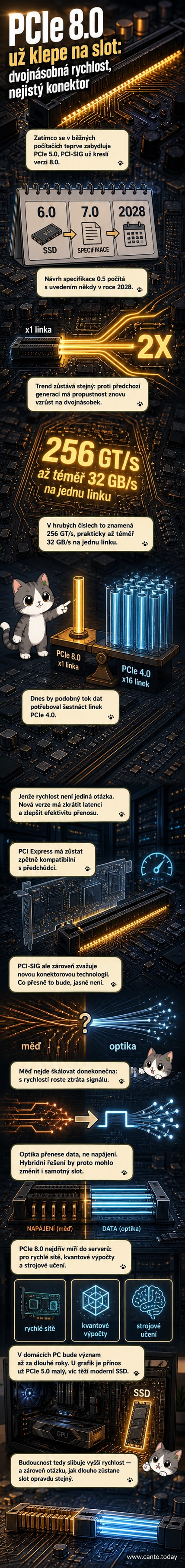 Ilustrace budoucího počítačového rozhraní PCI Express 8.0 s ikonami grafické karty, serveru a rychlostním grafem dosahujícím 504 GB/s.