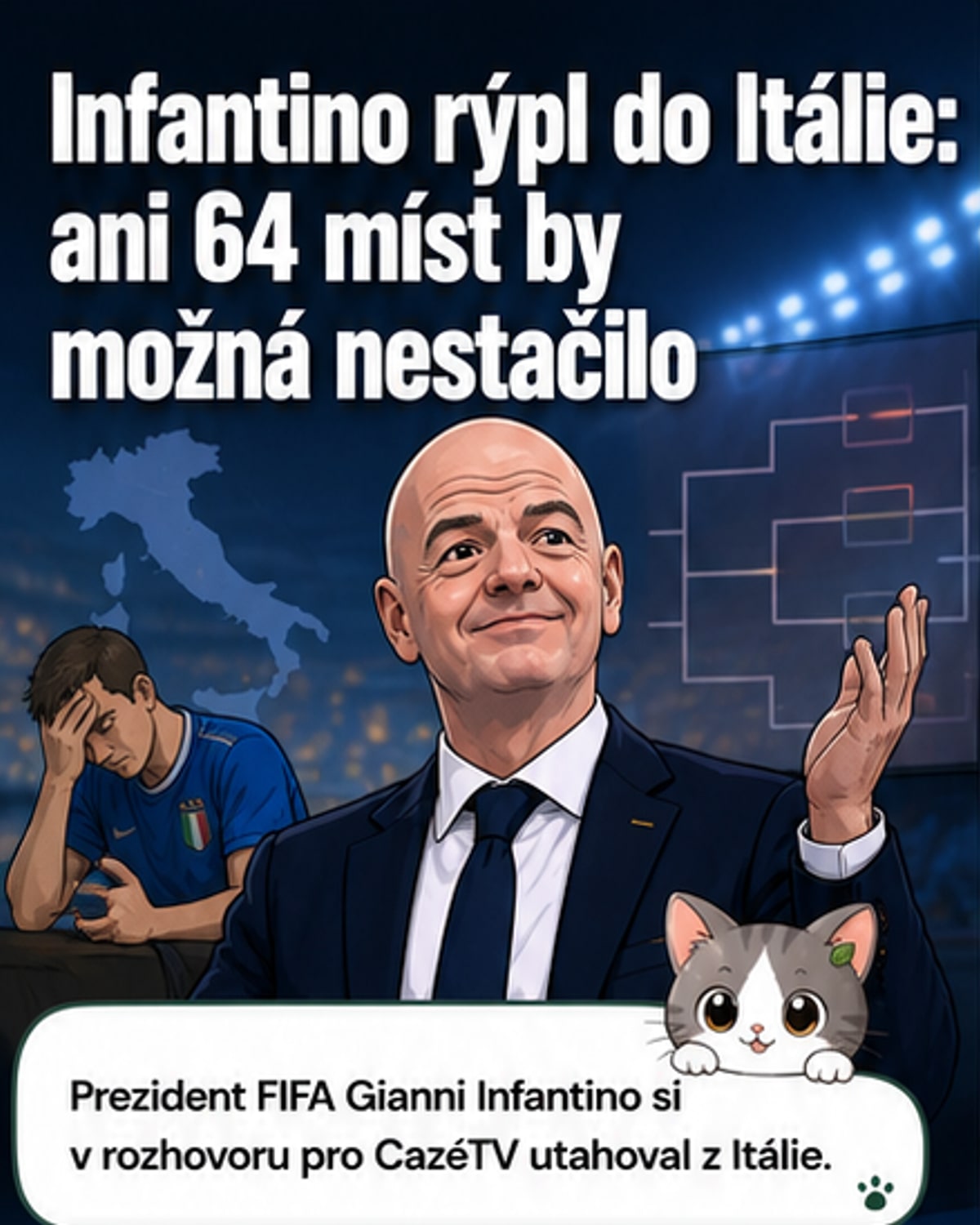 Ilustrace Gianniho Infantina s úsměvem, zatímco drží míč s logem MS a na pozadí je italská vlajka s červeným křížem přes ní.
