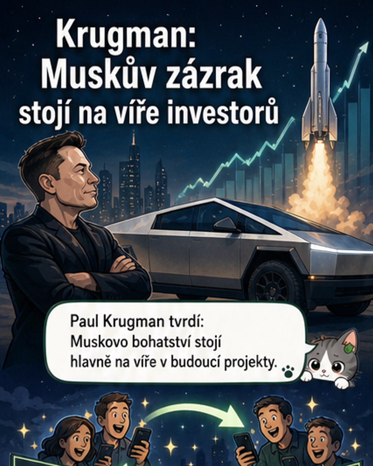 Ilustrace zachycující kontrast mezi skeptickým ekonomem ukazujícím graf padající křivky a investičním analytikem ukazujícím raketu Starship a satelity Starlink stoupající k obloze.