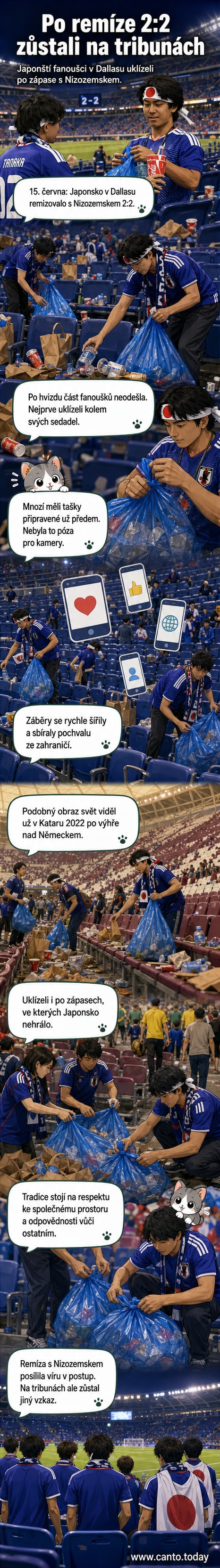 Japonští fanoušci v dresích shromažďují odpadky v igelitových taškách na prázdném stadionu v Dallasu po utkání s Nizozemskem.