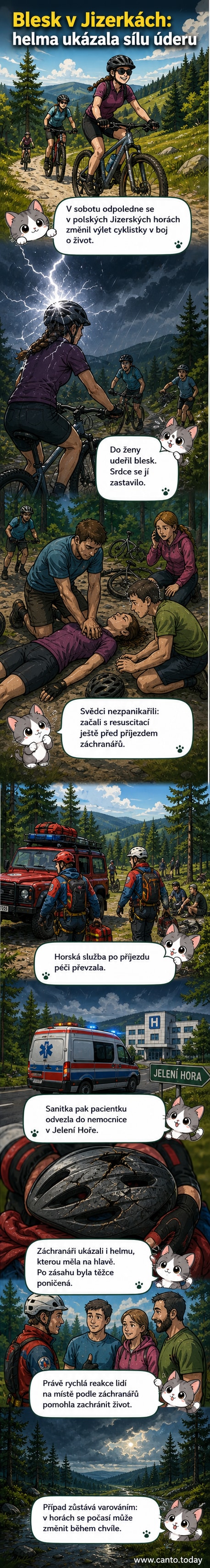 Poškozená cyklistická helma po zásahu bleskem, položená na zemi, vedle ní záchranář v uniformě.