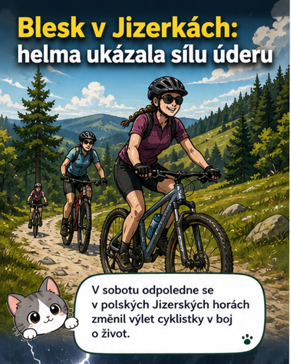 Poškozená cyklistická helma po zásahu bleskem, položená na zemi, vedle ní záchranář v uniformě.
