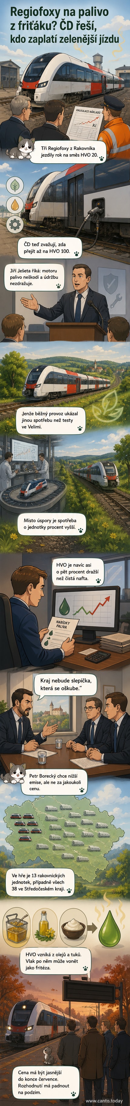 Ilustrace vlaku Regiofox s výfukovými plyny ve tvaru hranolek a značkou HVO, na pozadí krajinu s větrnými turbínami a slunečními panely.