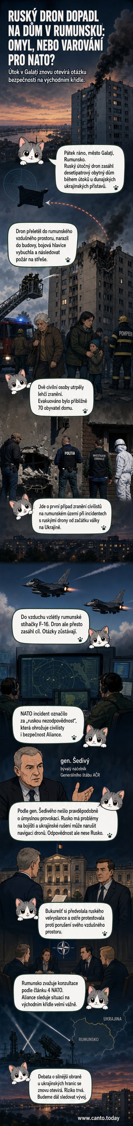 Požár na střeše desetipatrového bytového domu v Galati po dopadu ruského dronu, hasiči a policie zasahují na místě.