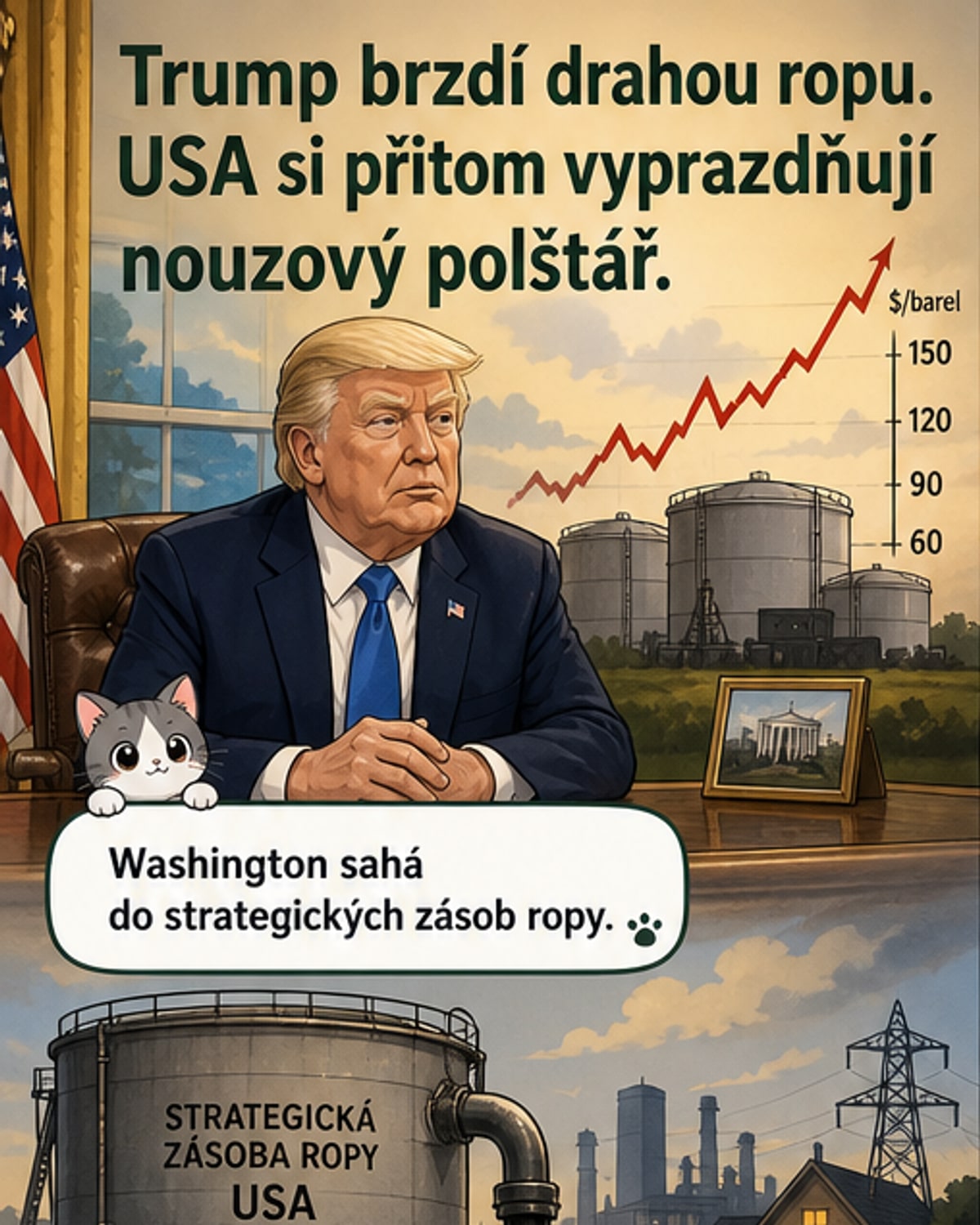 Ilustrace prázdné cisterny s ropou a mapy USA s označením strategických zásobníků, na pozadí grafu klesajících zásob od roku 1983
