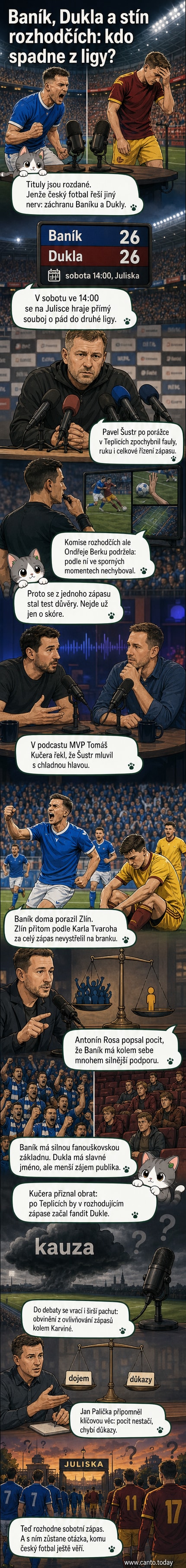 Ilustrace fotbalového zápasu mezi Baníkem a Duklou na Julisce, dva hráči se střetávají u míče, za nimi fanoušci v tričkách obou týmů.
