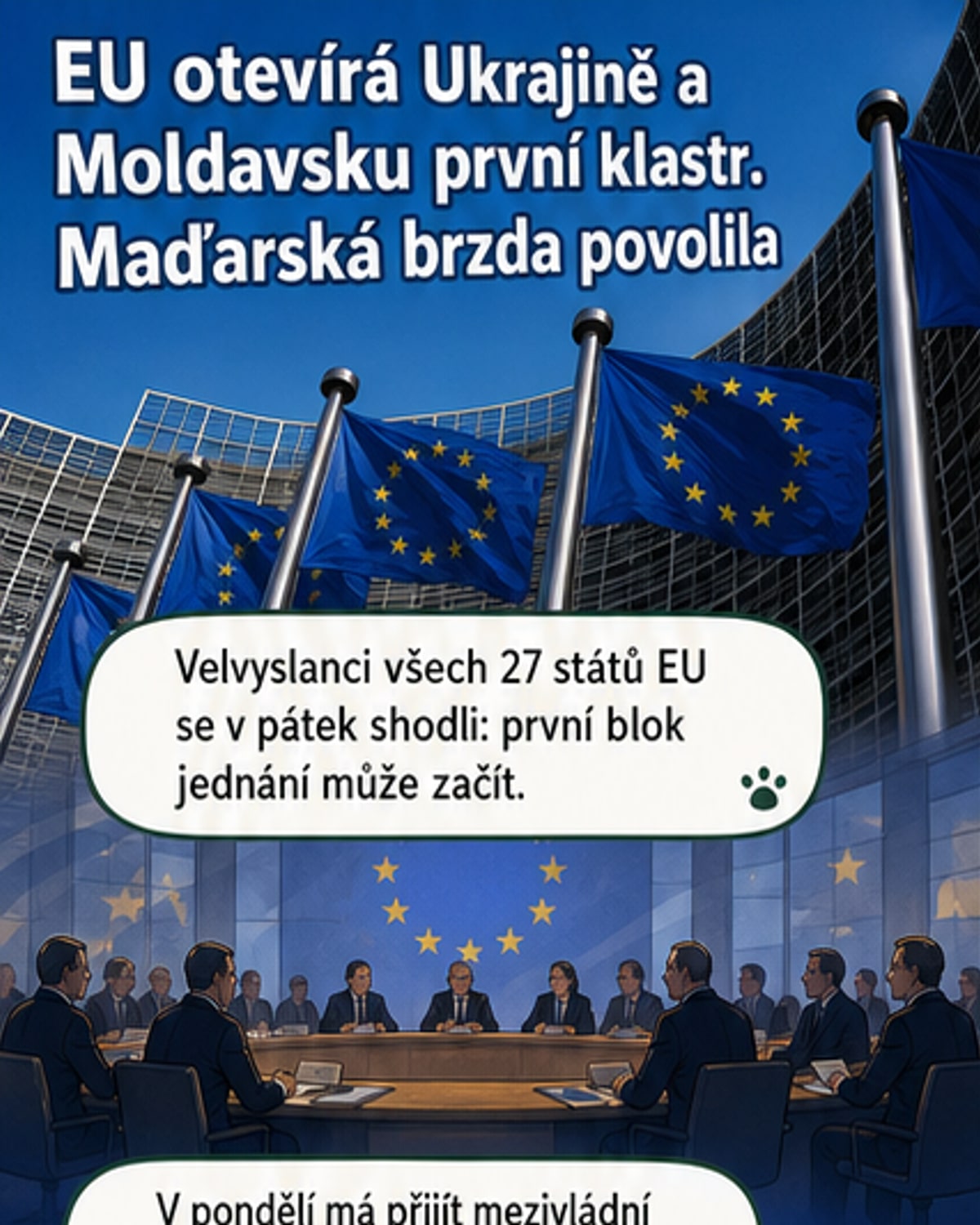 Ilustrace ukrajinské a evropské vlajky spojené rukou, na pozadí budova Evropské unie.