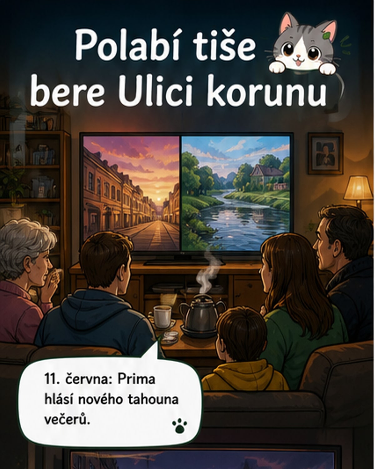 Ilustrace české vesnice u řeky s rodinami na pozadí, nad nimi názvem seriálu Polabí a grafem růstu sledovanosti.