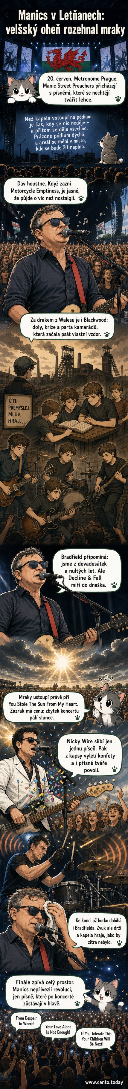 Manic Street Preachers na pódiu v Praze, za nimi velká vlajka s červeným drakem a LED obrazovka, publika osvětluje slunce probíjející se skrze mraky.