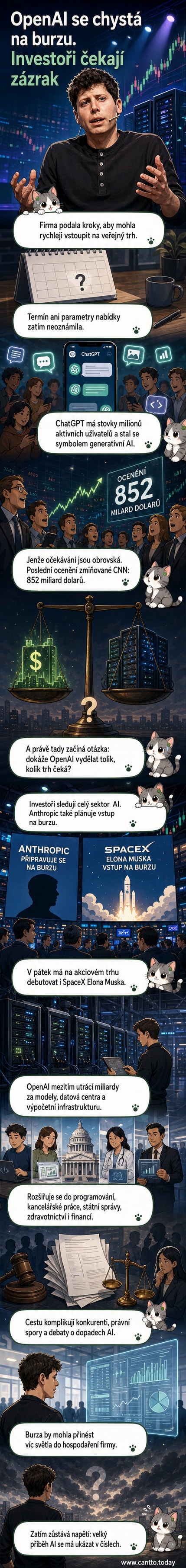 Ilustrace ChatGPT loga s burzovním grafem a ikonami technologických center, symbolizující přípravu OpenAI na IPO.