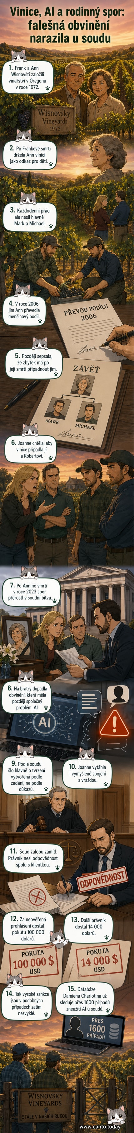 Ilustrace dvou bratrů stojících u vinice, zatímco sestra ukazuje na dokumenty s logem AI, které se rozpadají na prach.