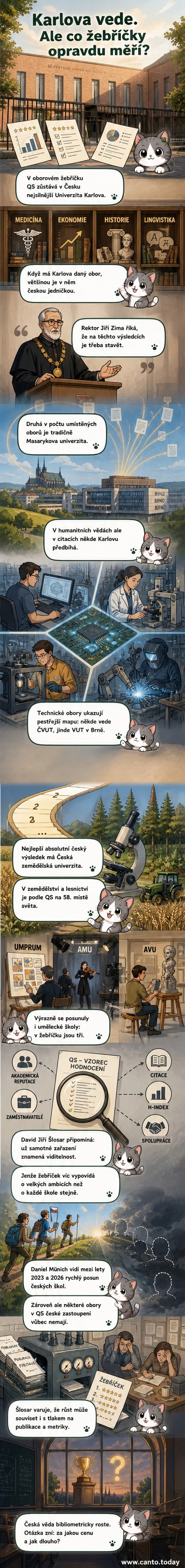 Ilustrace znázorňující české univerzity jako budovy různé výšky, s Univerzitou Karlovou nejvyšší, a grafy žebříčků v pozadí.