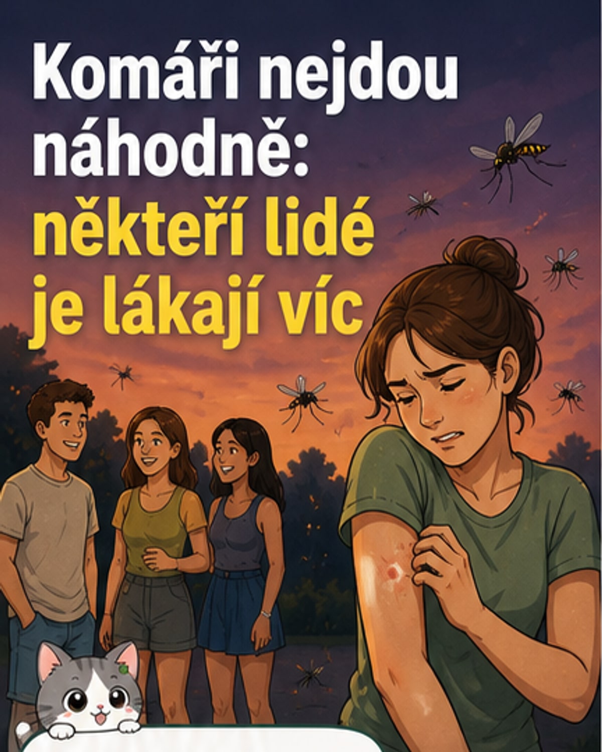 Ilustrace komára, který se blíží k lidské ruce, na pozadí mikroskopické struktury pachových molekul a teplotních signálů.