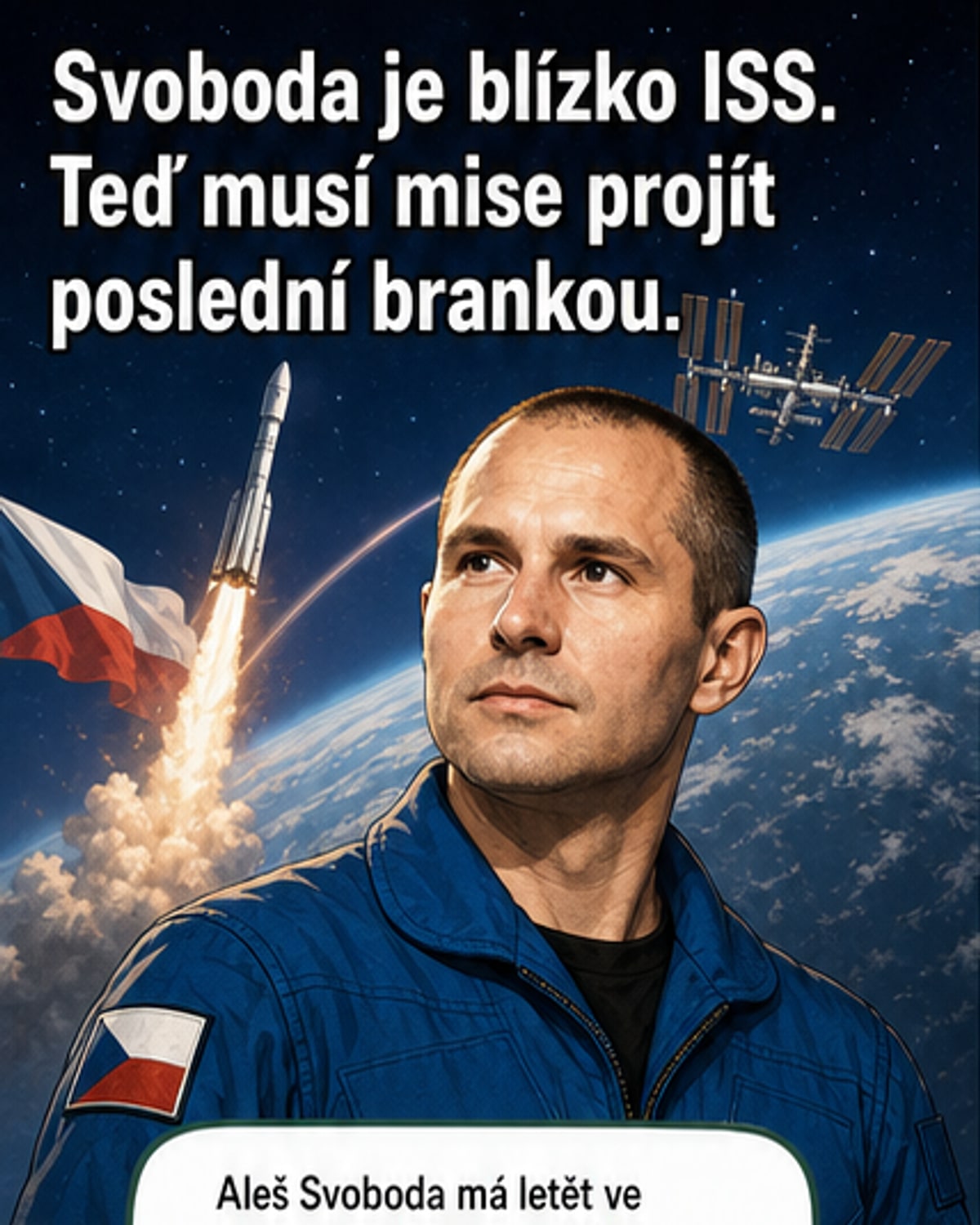 Ilustrace českého pilota Aleše Svobody v kosmické přilbě, za ním Mezinárodní vesmírná stanice na pozadí Země.